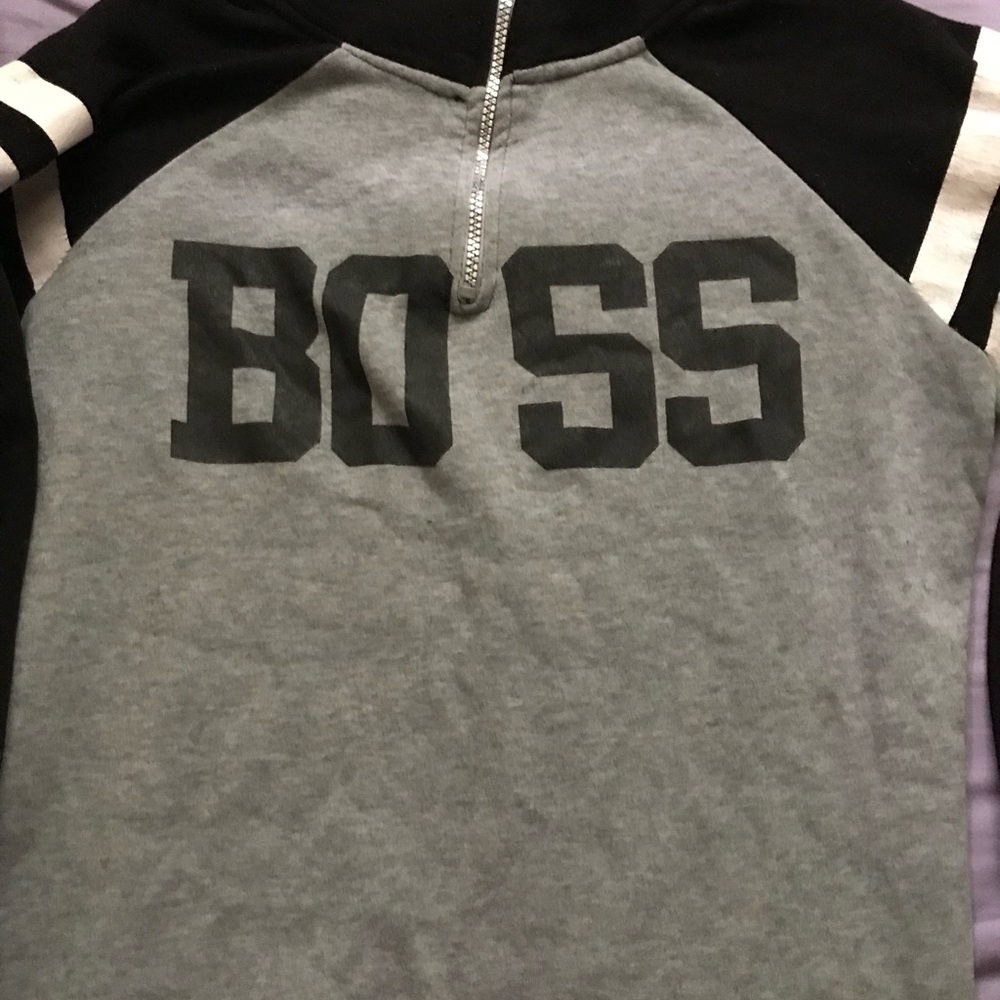 A grey and black logo “ Boss” jacket
